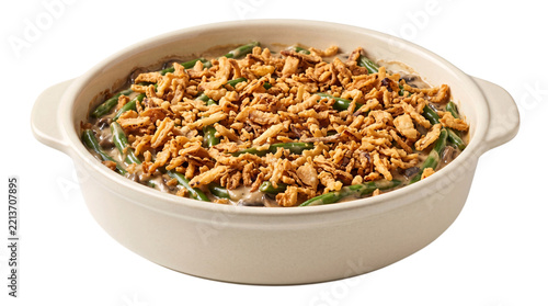 Creamy green bean casserole topped with isolated on transparent background
