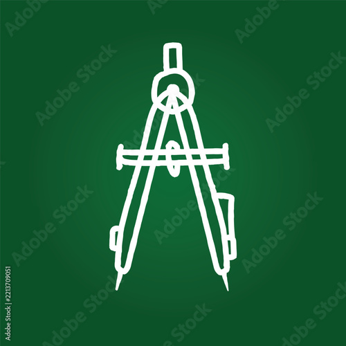 Drawing compass line art icon on green chalkboard background for education presentation, architecture web design, and school graphic projects