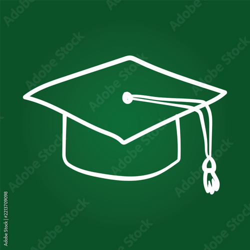 Graduation cap line art icon on green chalkboard background for university presentations, academic web design, and graduation ceremony graphics