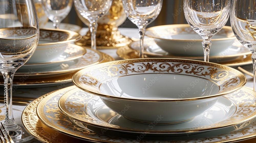 Fototapeta premium Close up view of luxury white, gold porcelain tableware. Elegant plates, bowls set on fancy dining table with crystal wine glasses. Upscale banquet decor for premium event, gala dinner wedding