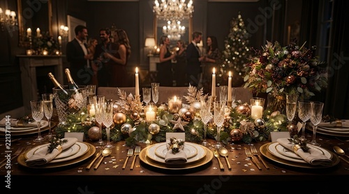 Elegant luxury New Year's Eve dinner party table setting with gold decorations, champagne, candles, and blurred guests celebrating in a grand ballroom for a festive 2026 holiday gala event