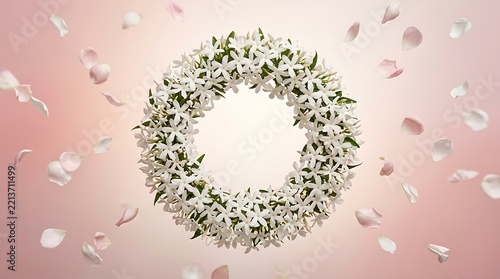Jasmine flower wreath circle with floating petals on soft pink background, 3D render floral composition for wedding invitation or beauty branding