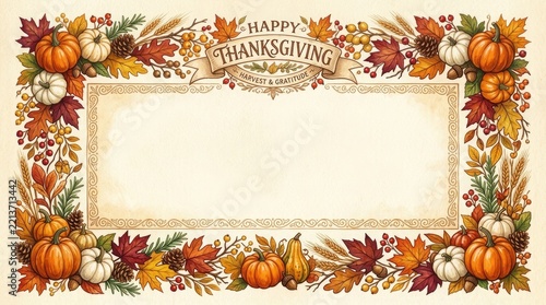 Autumn harvest border with pumpkins leaves and corn for fall season design