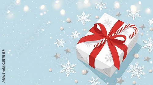 Christmas Gift Box with Red Ribbon Bow and Candy Cane on Light Blue Snowy Background