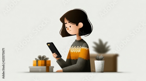 Illustration of woman holding phone with gifts on desk