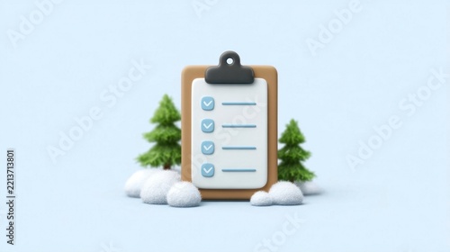 3d render of winter clipboard with checklist and fir trees in snow