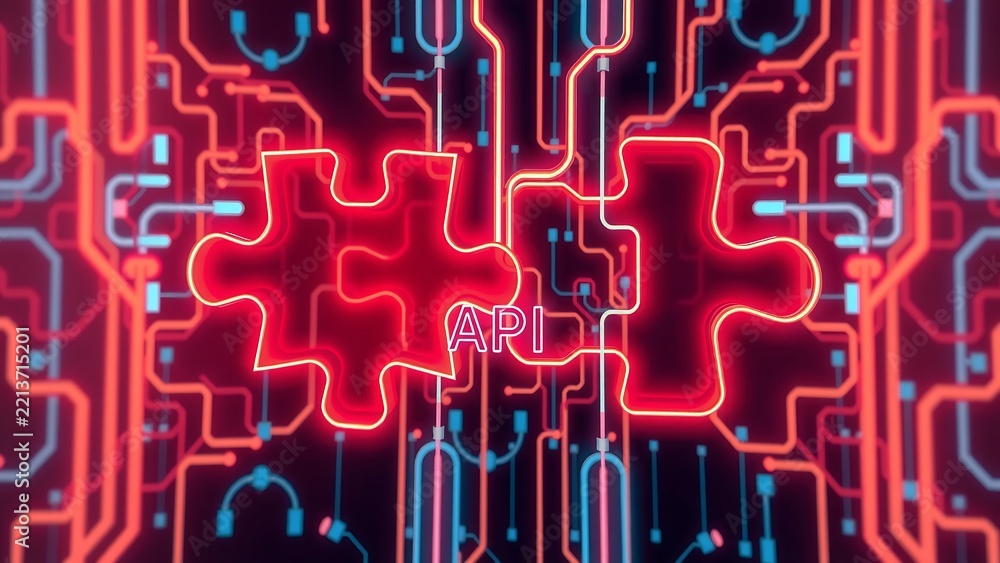 Fototapeta premium An Api Integration Concept Neon Puzzle Pieces A Futuristic Digital Background