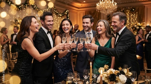 A group of elegant adults in formal attire clinking champagne glasses and celebrating New Year's Eve party at a luxury ballroom with golden bokeh lights, festive decorations, and joyful atmosphere.