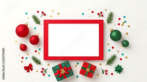 Christmas frame with red border, ornaments, gift boxes, and pine branches on white background, 3D render