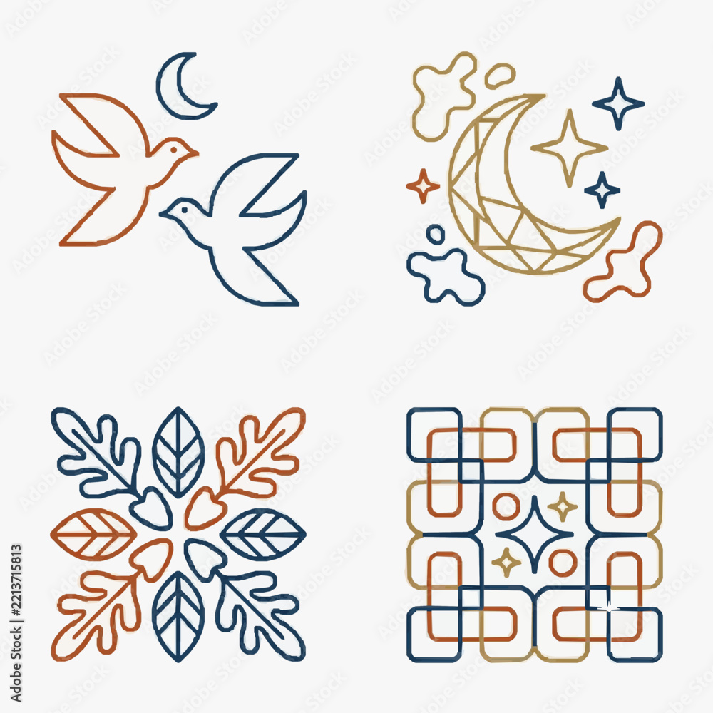 Fototapeta premium Creative Colorful Abstract Line Art Design Featuring Birds Leaves Stars and Geometric Patterns in Brown Gold and Blue