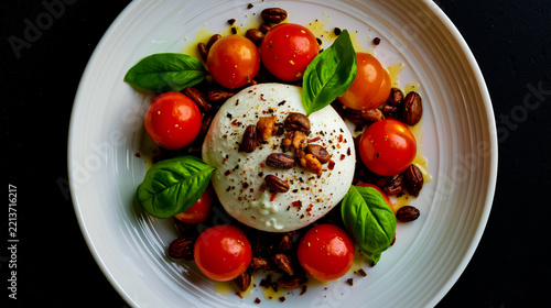 A white plate with a creamy white substance tomatoes basil leaves and nuts