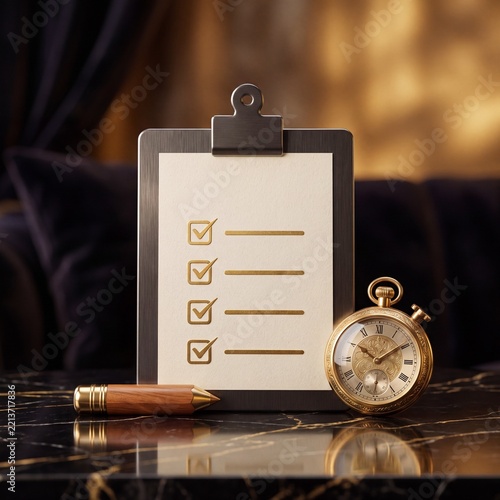 A gold pocket watch, checked clipboard, and wooden pencil rest on a reflective marble surface under warm golden light.