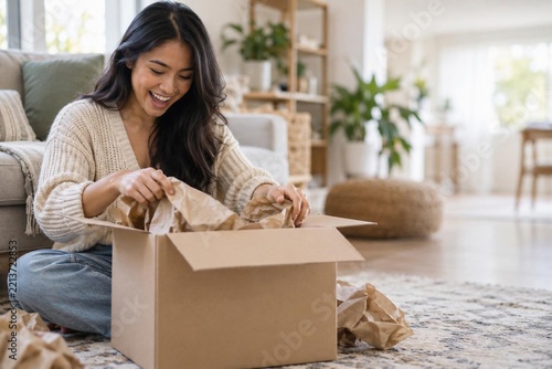Happy young woman unpacking cardboard box with paper at home living room, online shopping delivery, parcel opening