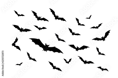 Flying bats isolated PNG, dark spooky silhouettes flow on transparent background, halloween graphic element