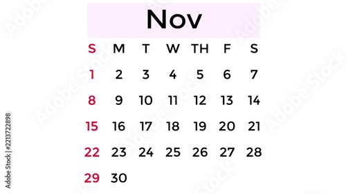 Simple November 2, 2026 calendar, pastel pink on a white background.