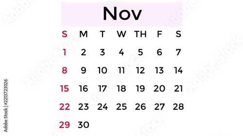 Simple November 11, 2026 calendar, pastel pink on a white background.