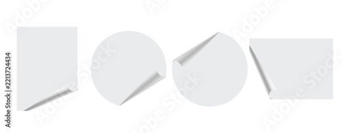 Set of blank white stickers and paper sheets with peeled corner on white background
