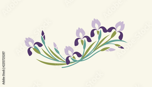Elegant purple iris flowers with green stems and leaves arranged in a graceful arching illustration for greeting cards or botanical art.