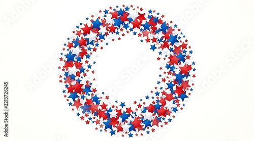 Patriotic Star Frame Border Isolated on White Background, Red White and Blue Festive Decorative Circle Illustration