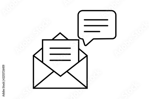 The image depicts a minimal, black-and-white line art icon representing communication and messaging.