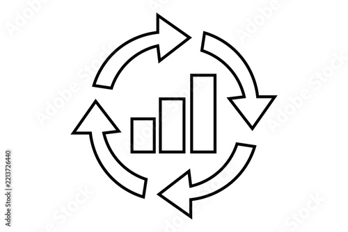 The image features a minimal, black-and-white outline icon representing continuous growth, business cycle, or progress iteration.
