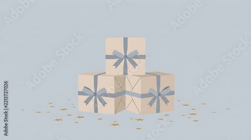 Gift boxes with ribbons stacked in a pyramid shape, festive holiday illustration with gold stars background