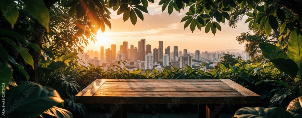 Fototapeta premium Wooden table on terrace with green leaves. Beautiful sunset illuminates urban city skyline in background. Peaceful outdoor scene with warm sunlight, tropical foliage. Relaxing view of cityscape from