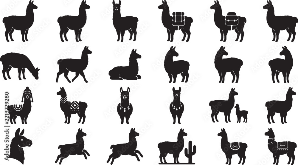 Fototapeta premium Set of black silhouette llama icons depicting various postures and actions