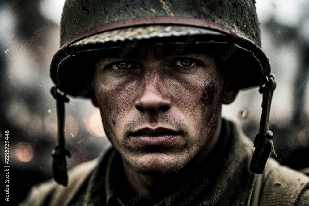 Fototapeta premium Close up portrait of tired soldier wearing dirty combat helmet. Caucasian infantryman face with mud, dirt in battlefield. Gritty military man looks at camera with serious expression during war.