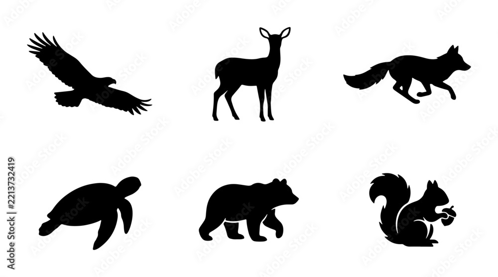 Obraz premium Wild animal silhouettes set with eagle, deer, fox, turtle, bear and squirrel for nature logos