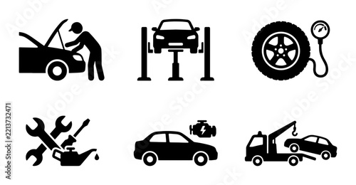 Car service silhouettes set with mechanic, lift, tire, tools, engine and tow truck for auto repair and transport