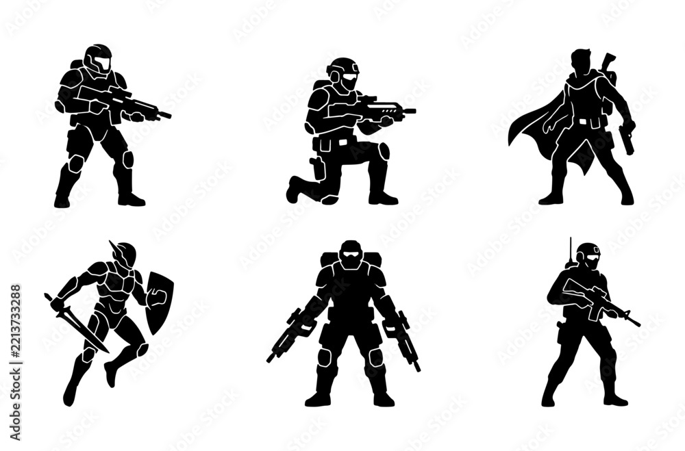 Fototapeta premium Futuristic soldiers silhouettes set with futuristic warriors, knights, and soldiers with weapons for sci-fi and military themes logo or signage
