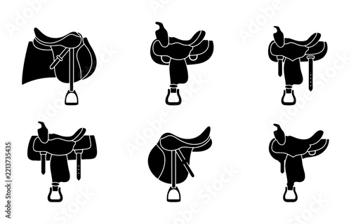 Equestrian saddle silhouettes set with western and English styles for logo or signage
