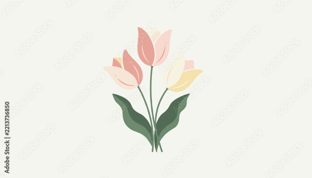 Fototapeta premium Beautiful trio of delicate tulips in shades of pink, cream, and yellow are tied together with green leaves on a white background.