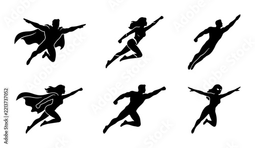 Superhero silhouettes set with flying men and women for logo and signage