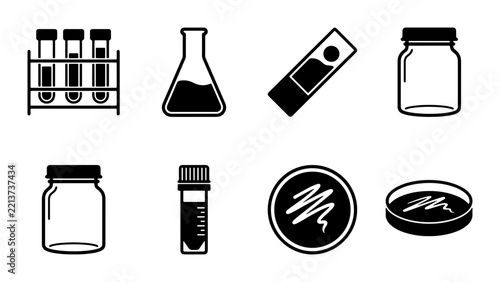 Laboratory equipment silhouettes set with test tubes, flask, jars and petri dish for science and research