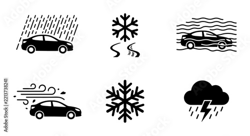 Weather condition icons set with car in rain, snow, wind, flood, and storm, transport safety