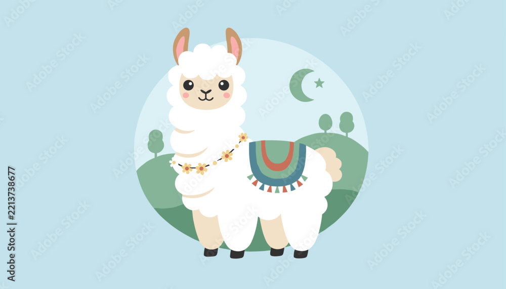 Fototapeta premium Adorable illustration of a fluffy white llama with a colorful saddle and flower necklace standing in a peaceful green landscape.