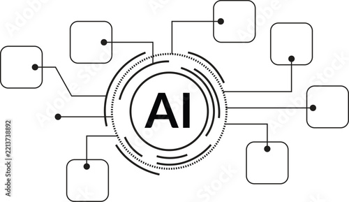 Artificial intelligence tech icon graphic, minimalist line art network diagram, AI digital node emblem