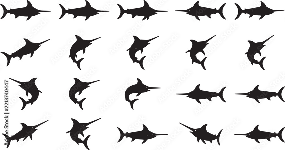 Fototapeta premium Set of isolated black silhouettes of marlin swordfish in various swimming and jumping poses