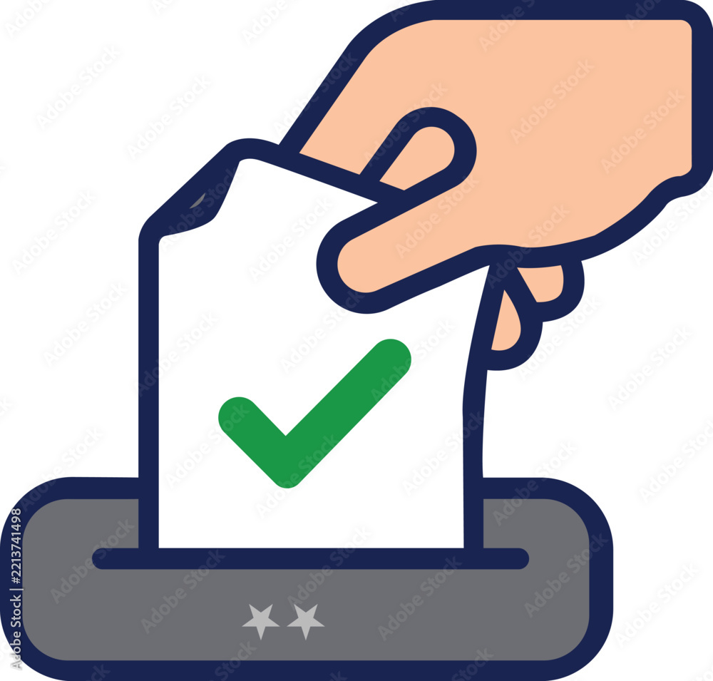 Obraz premium Human hand inserting paper ballot with green checkmark into voting box for democratic national election process.