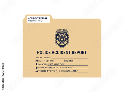 Police Accident Report folder with badge insignia and form details