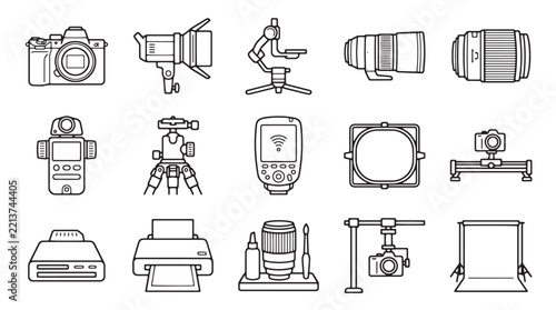 Minimalist photography icons vector set, black and white camera and studio equipment symbols for design