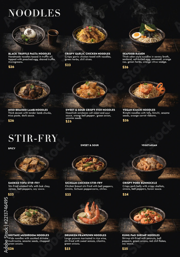 Restaurant Menu Featuring Various Noodle and Stir-Fry Dishes