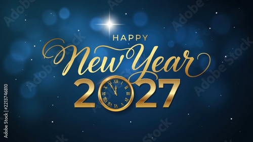 Happy New Year 2027 celebration graphic with illuminated clock and starry background