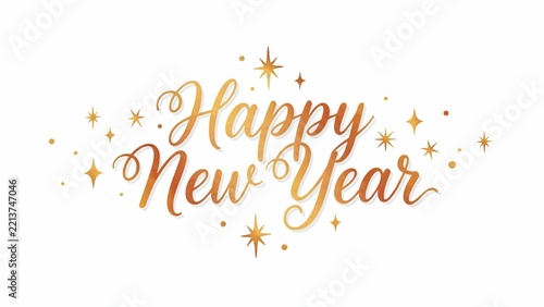Elegant cursive happy new year text with golden stars and sparkles for festive holiday greeting cards