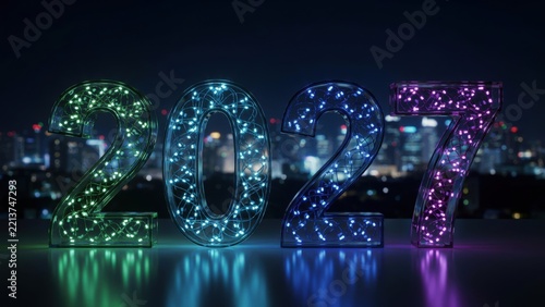 2027 year number display with illuminated LED lights for futuristic event branding