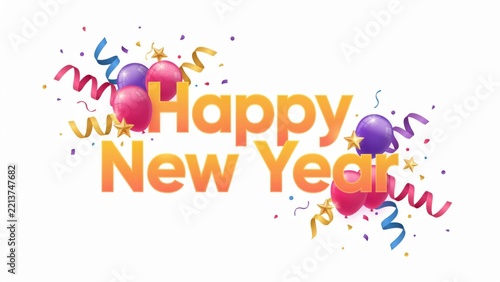 Happy New Year celebration text with colorful confetti and balloons for festive greeting cards and social media posts