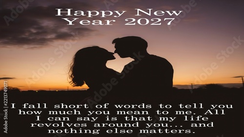 Couple embracing in silhouette with new year 2027 celebration text overlay on dark gradient background