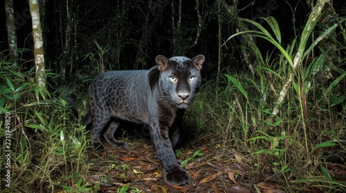 A black panther with piercing eyes walks through a dark, dense forest at night, showcasing its watchful and stealthy nature.